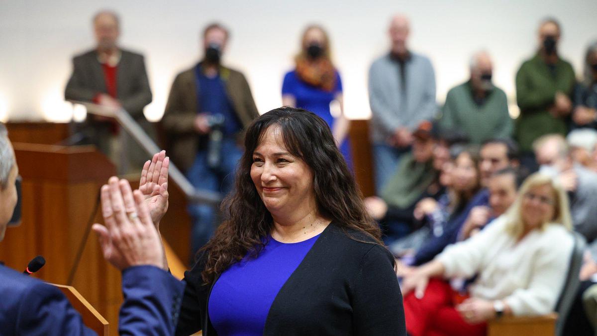 Elaina Cano is sworn in as SLO County clerk-recorder by Wade Horton, county administrative officer, as elected candidates took their oaths of office on Tuesday, Jan. 3, 2023 at the San Luis Obispo County Board of Supervisors chambers.