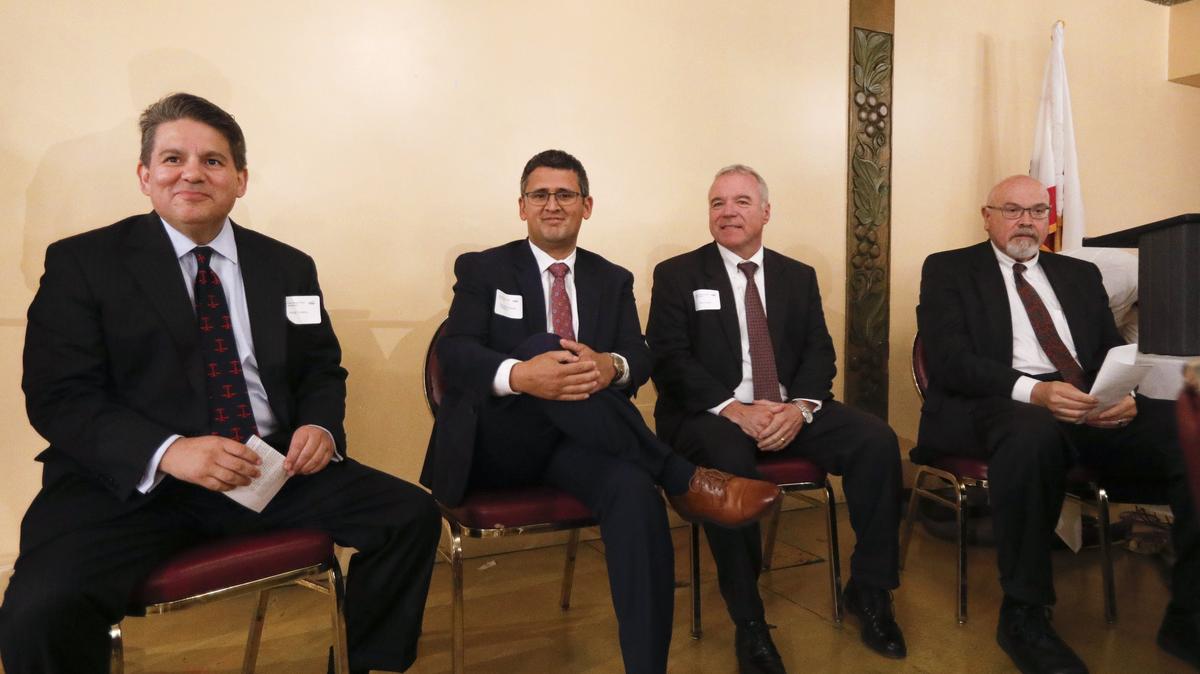 From left: Andy Cadena, Hernaldo Baltodano, Tim Covello, Ilan Funke-Bilu,  attend a SLO County Bar Association-sponsored candidate forum at the Madonna Inn's Garden Room on Thursday, April 19, 2018.