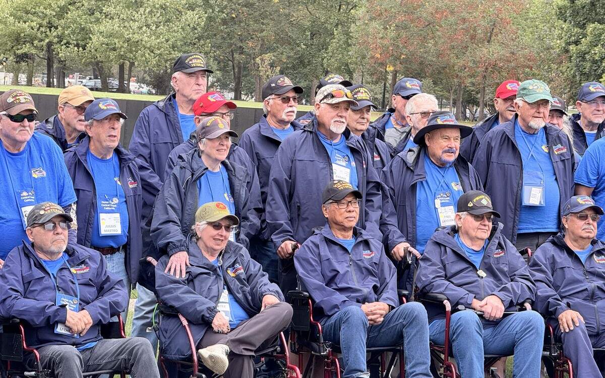 Veterans participate in an Honor Flight Central Coast California trip gather during a visit to Washington, D.C.