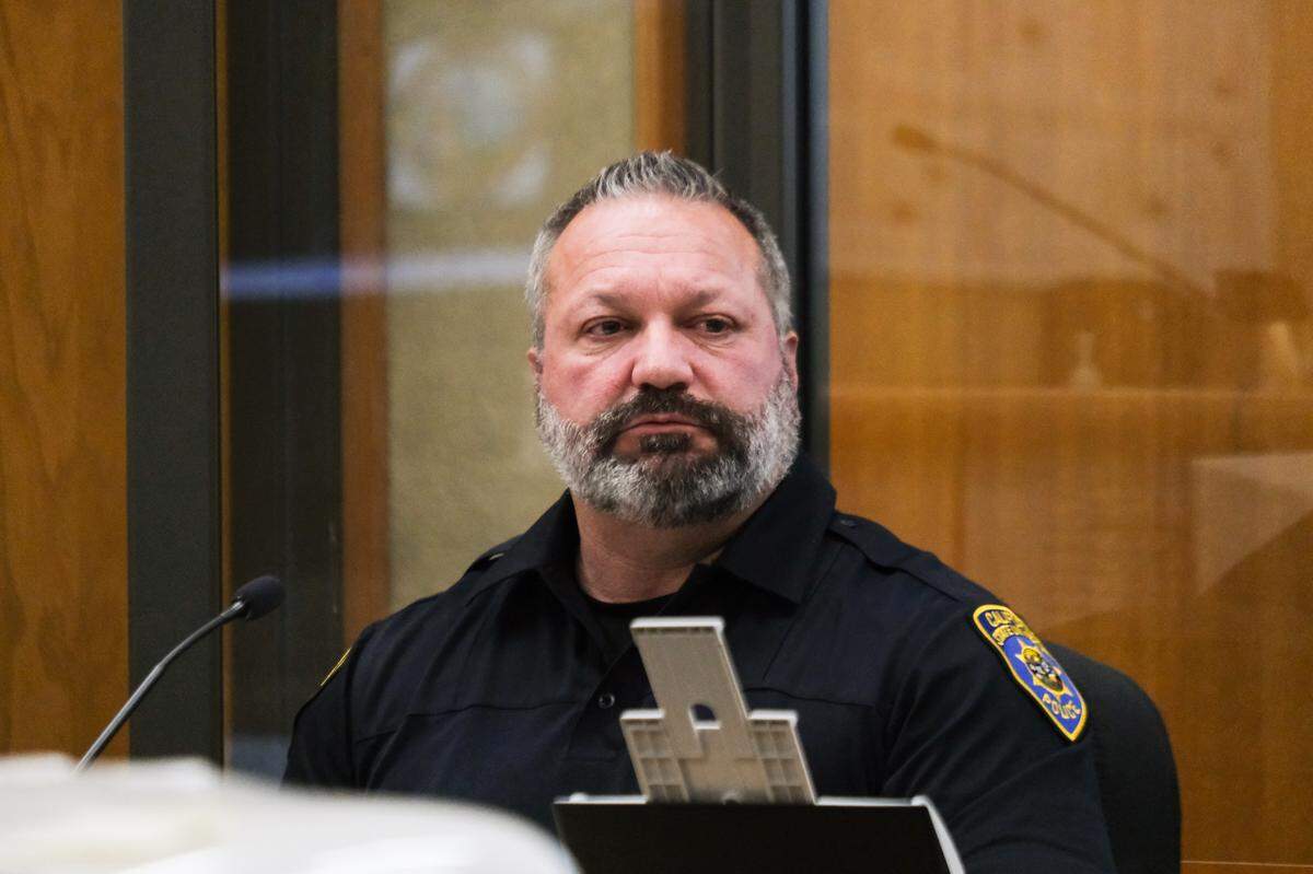 Cal Poly Police Department Det. Steve Williams testifies in San Luis Obispo Superior Court on Feb. 3, 2025, during the preliminary hearing for the case against Cal Poly student Charles Hojaboom for shooting guns on campus. San Luis Obispo Superior Court Judge Catherine Swysen ruled there was enough evidence for Hojaboom to face trial on multiple felony gun charges.