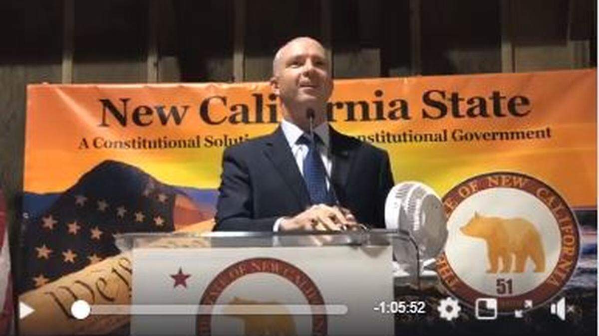 San Luis Obispo County District Attorney Dan Dow speaks at an Oct. 13, 2020, “New California State” event in Pismo Beach that featured controversial conservative activist Candace Owens.