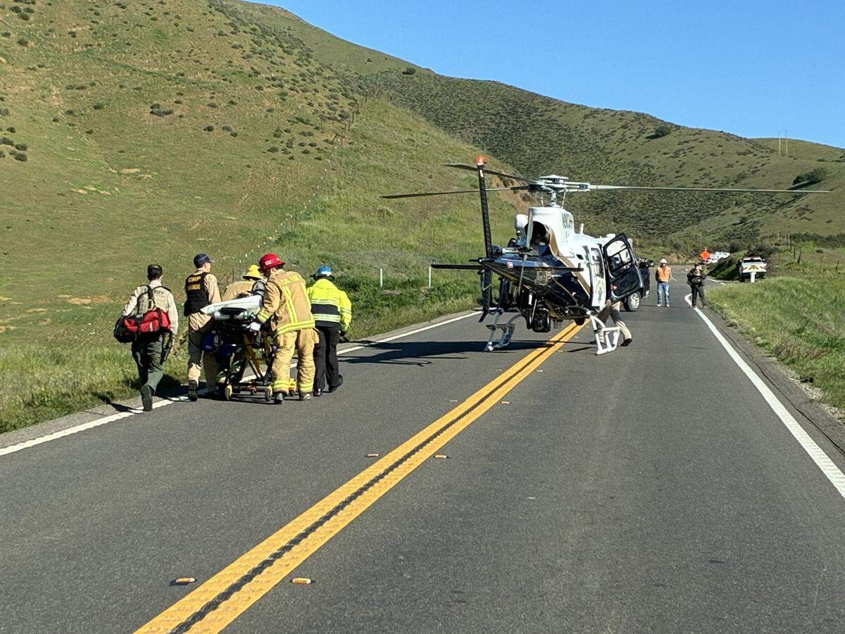 An overturned vehicle caught fire on Highway 41 north of the Cholame Y on Jan. 9, 2026. The crash closed the road and resulted in two patients being transported to the hospital.