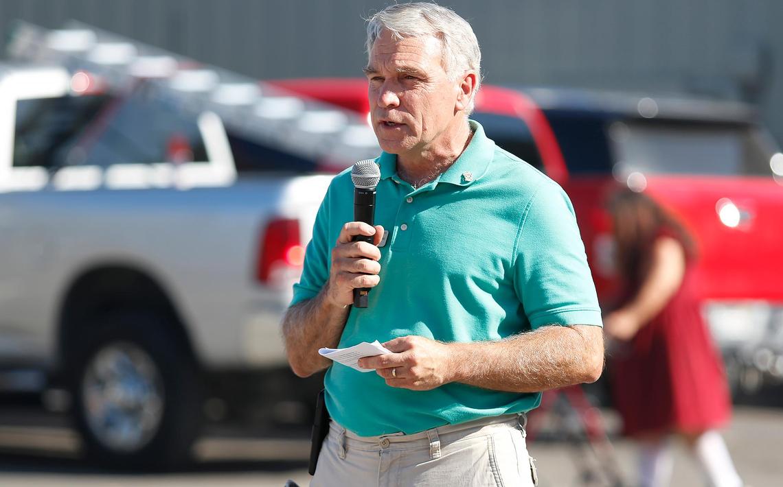 Atascadero Mayor Charles Bourbeau speaks before a ribbon-cutting ceremony. Atascadero, California, completed its downtown makeover on El Camino Real with new parking, lights and greenery.