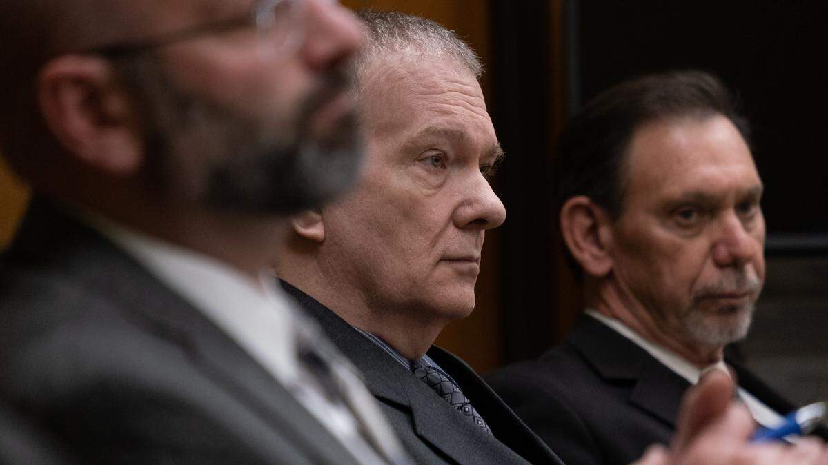 Stephen Arthur Deflaun, 63, sits in the first day of the murder trial against him in San Luis Obispo Superior Court on March 27, 2023. He is accused of killing a man and child at Morro Strand State Beach on July 8, 2001.