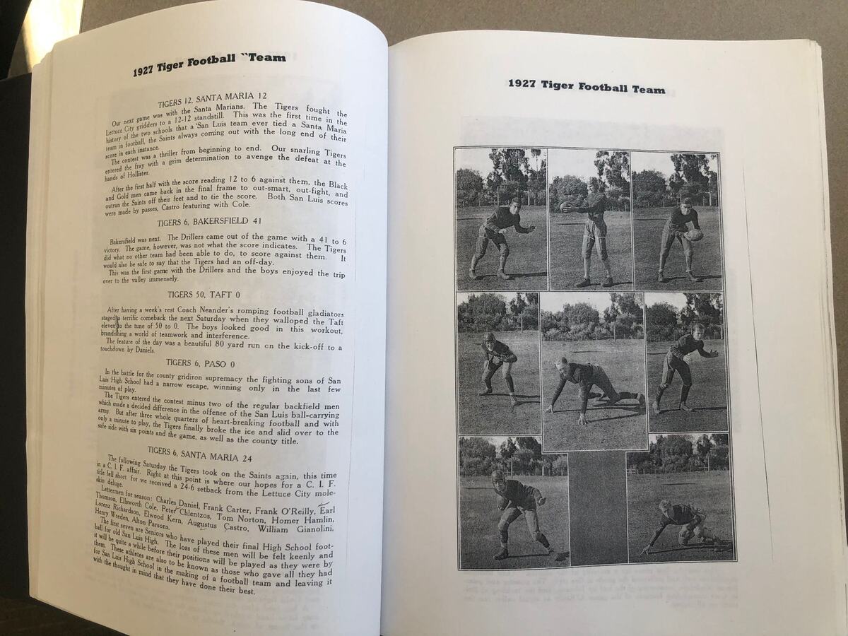 A page from the SLO Football record book about the 1927 team.