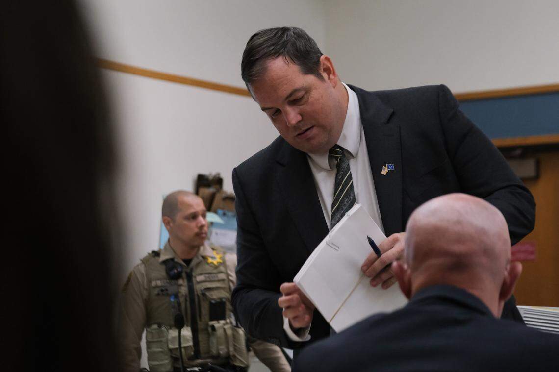 Defense Attorney Scott Taylor questions a witness during the Nathan Abate rape trial in San Luis Obispo Superior Court on Oct. 7, 2024. Abate is charged with felony oral copulation of a minor, two felony counts of forcible rape and rape of an intoxicated person.