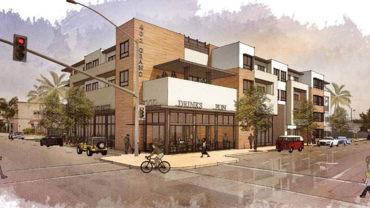 The Grover Beach Planning Commission approved a mixed-use development project at the intersection of Grand Avenue and Fourth Street that would add apartments and a restaurant, as shown in the rendering above. 