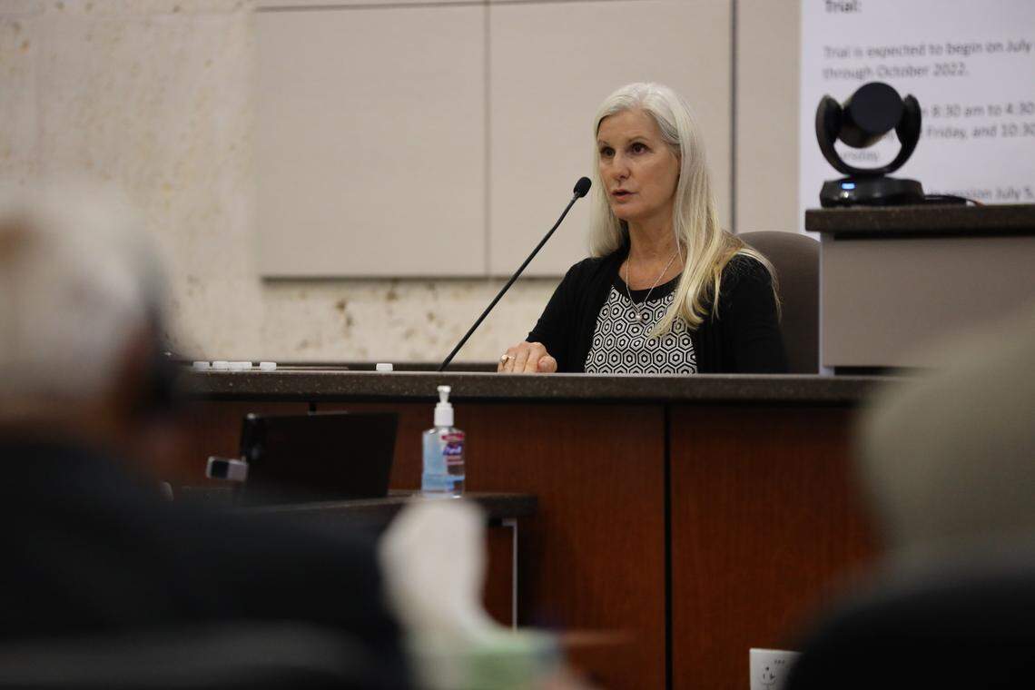Cadaver dog handler Gail Laroque testifies in the Kristin Smart murder trial at the Monterey County Superior Court in Salinas on Aug. 25, 2022.