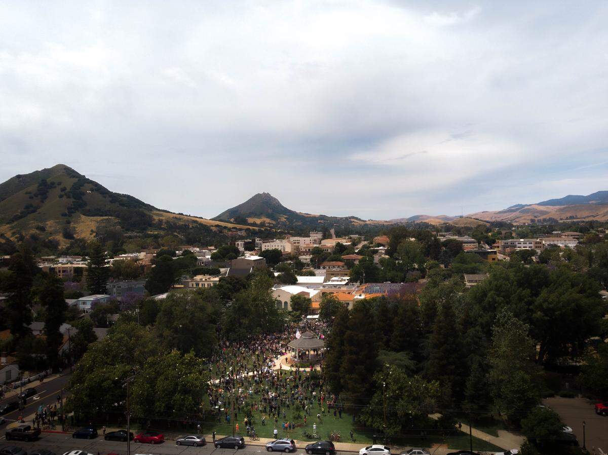 A drone captured this picture of protesters gathered at Mitchell Park in San Luis Obispo on Sunday, May 31, 2020.