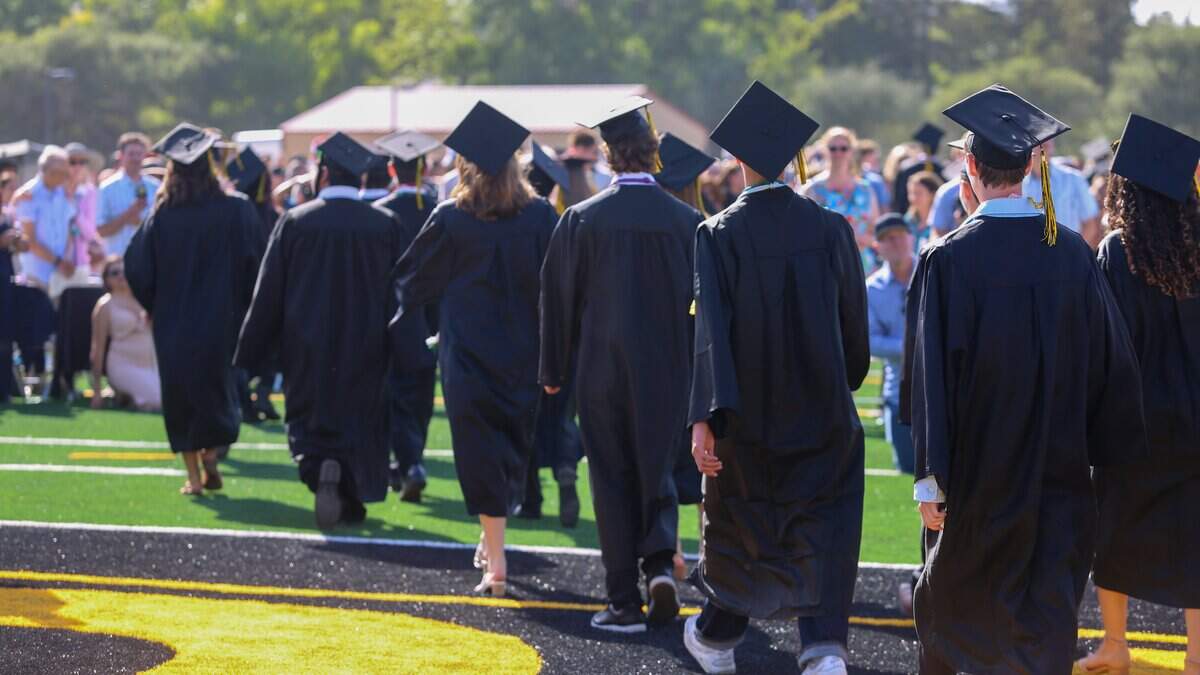 San Luis Obispo High School seniors process in at the start of commencement ceremonies at Holt Field on Friday, June 5, 2026. 374 seniors received their diplomas.