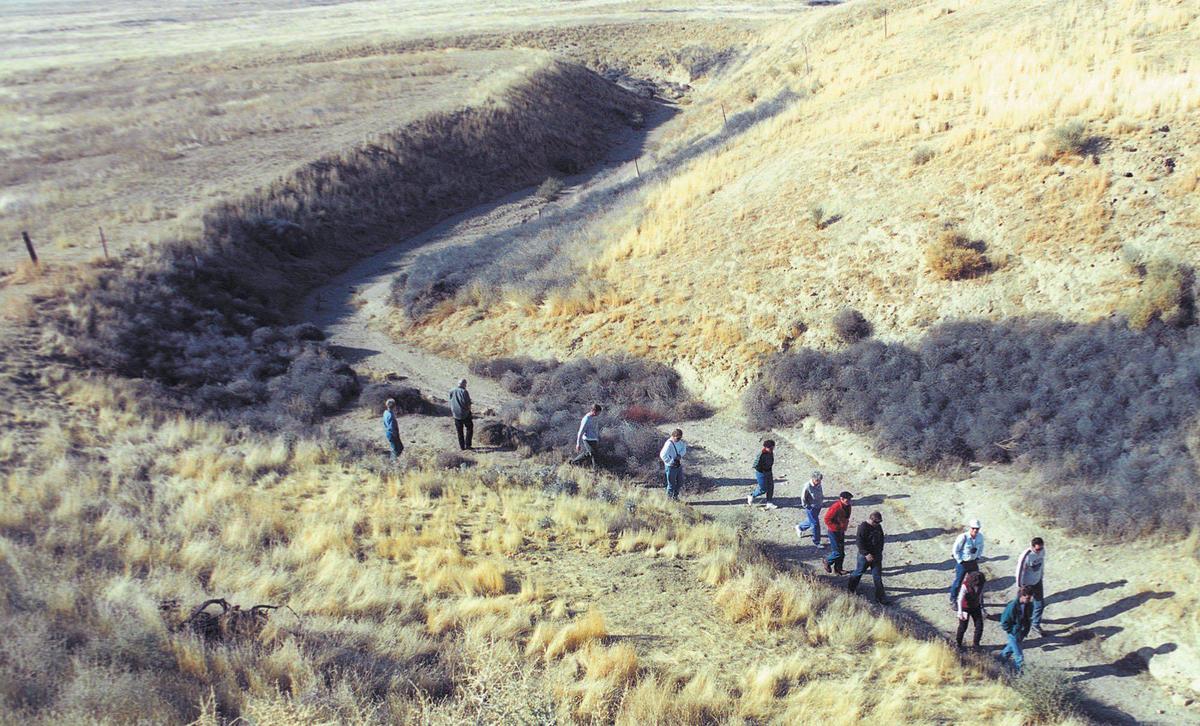 Wallace Creek swings 430 feet northwest as the creek bed issues from the Panorama Hills before finding its historic outlet. Geology outpaces rainfall in the dry Carrizo Plain and the Z shape is the result of 3,700 years of movement on the San Andreas Fault. In 1857 up to 30 feet of offset was recorded in the Great Earthquake. The group was part of a Cuesta College mini-course led by Steve Schubert in 2003.