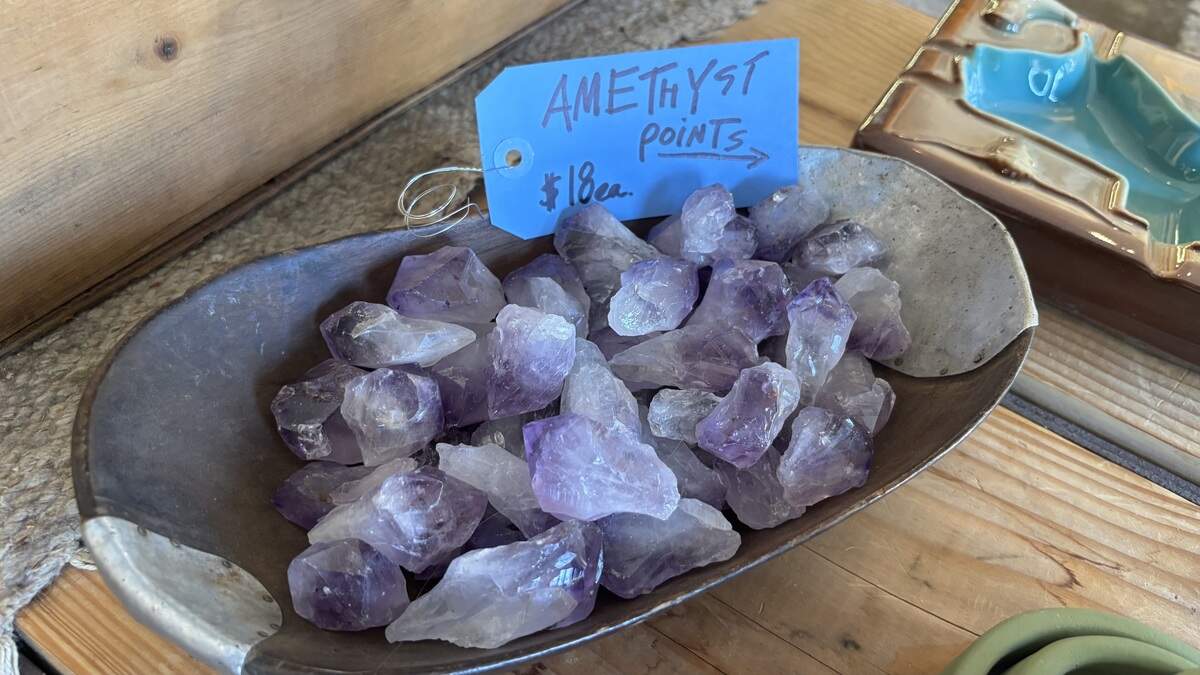 A Satellite of Love at 1235 Monterey St. in San Luis Obispo sells gemstones like amethyst for $18 each, seen here on June 6, 2026. The shop combines items from Divers in Morro Bay and Grow Nursery in Cambria.