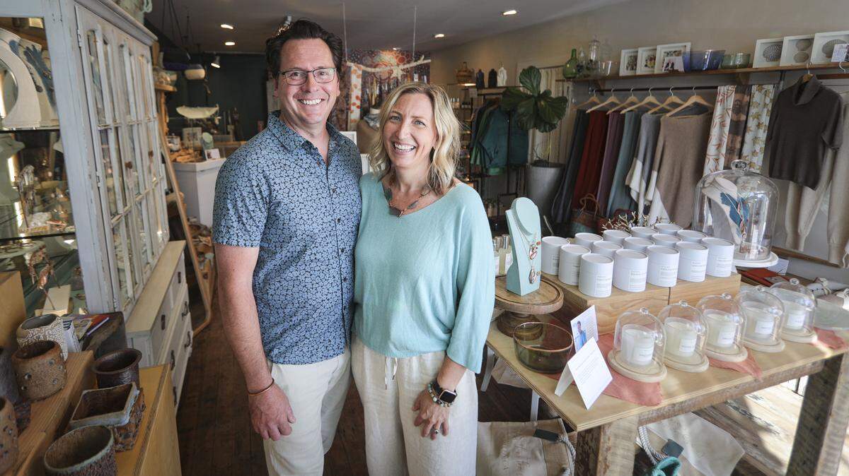 Micah and Meagan Gittins are owners of the Artistry by the Sea gallery in Cayucos, seen here on March 16, 2026.