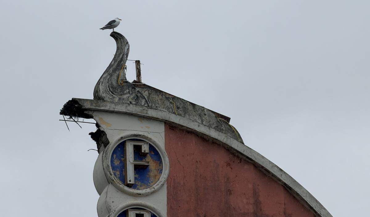Monterey Street in San Luis Obispo was closed on Tuesday, Feb. 17, 2026, after a chunk of the Fremont Theater’s vertical marquee fell off.