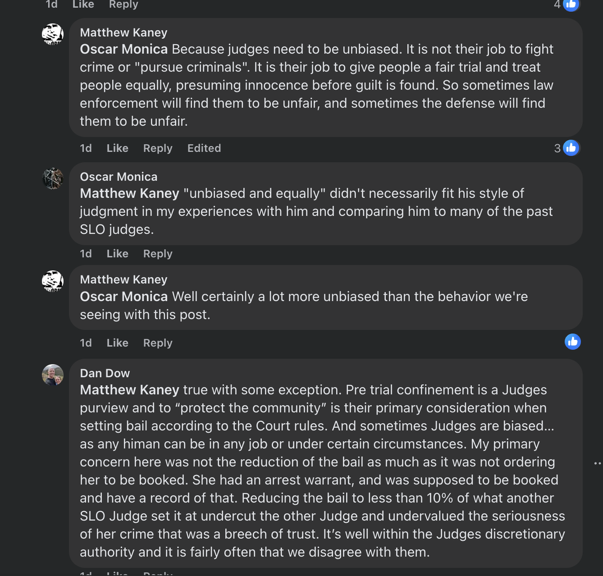 San Luis Obispo County District Attorney Dan Dow responds to a comment on Facebook under his post criticizing San Luis Obispo Superior Court Judge Barry LaBarbera’s decision to arraign former San Luis Obispo County probation officer Fallyn Rollins without her being booked into jail on Feb. 7, 2025.
