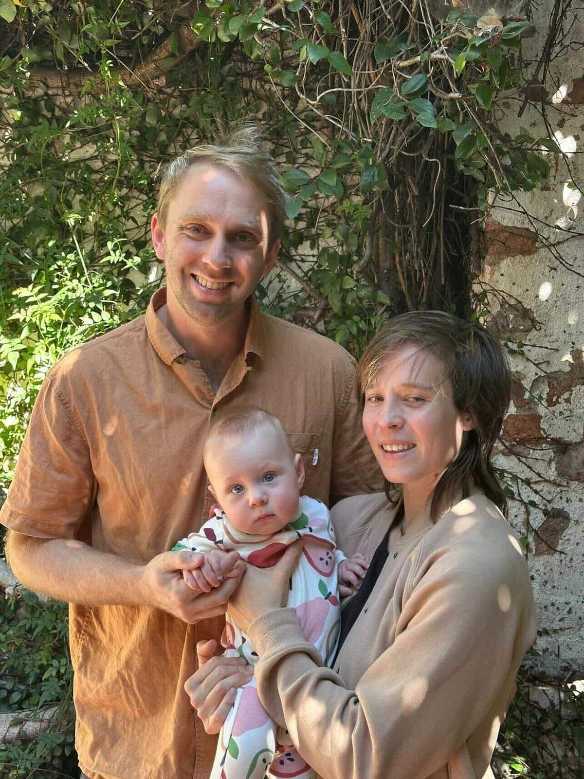 From left, Alex Quirk and Rusty Quirk — pictured with their 7-month-old baby — own Linnaea’s Cafe in downtown San Luis Obispo. The pair is also expanding to a new Slodega kiosk at Mission Plaza and Villain Bakery on Marsh Street.