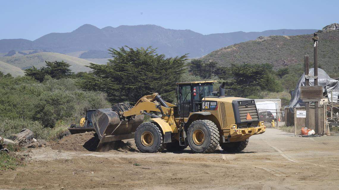 Work is being completed to repair 2023 erosion to Morro Creek on April 7, 2026.