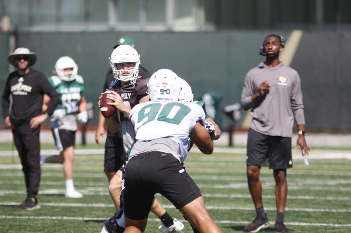 Spencer Brasch makes a play at a recent Cal Poly Mustang practice game in August.