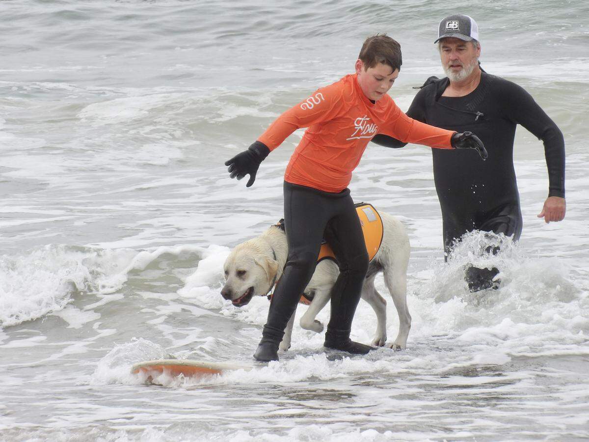 The World Dog Surfing Championships Exhibition Tour took over Pismo Beach on May 2, 2026. Pancho, pictured above, trains with Flow Surf Academy.