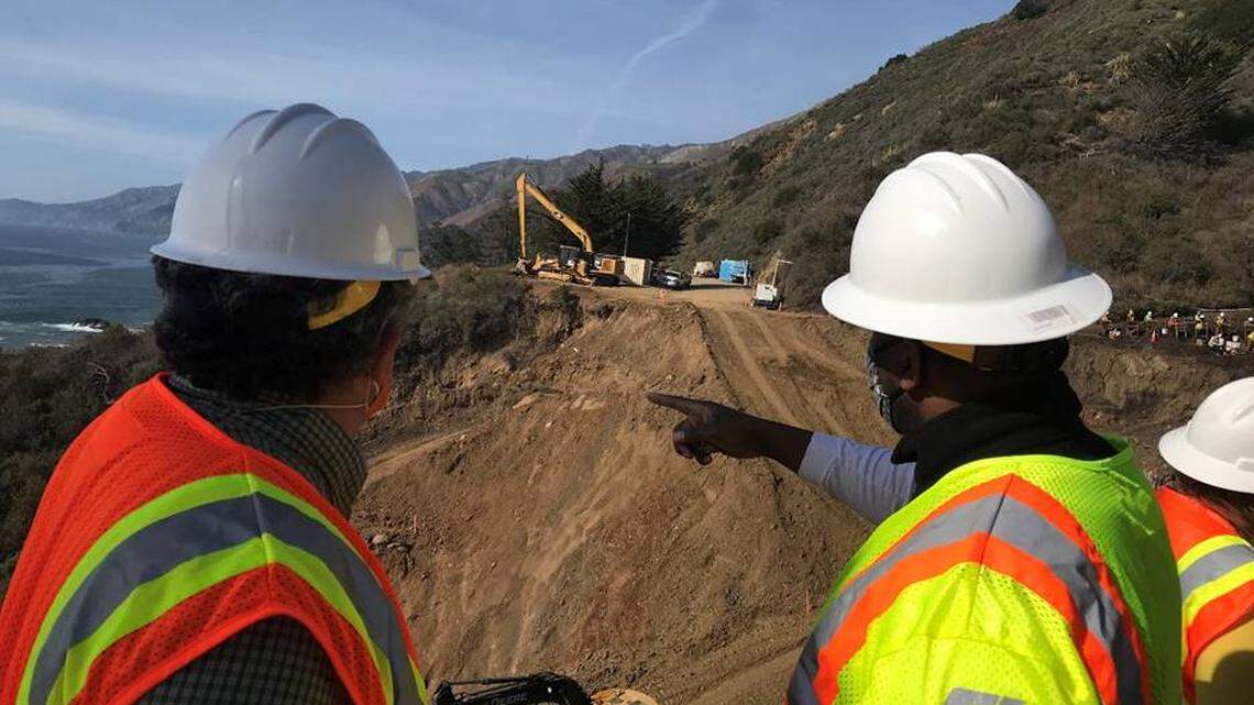 Caltrans Director Toks Omishakin, right, reviews the Rat Creek closure of Highway 1 near Big Sur from the south with District 5 director Tim Gubbins on March 5, 2021. The body of Nancy Algert, 64, of Templeton was found near the work site on Wednesday, March 24, 2021.