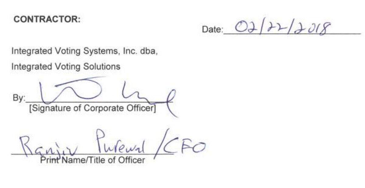 The contract with San Luis Obispo County lists the vendor as Integrated Voting Systems, Inc. dba, Integrated Voting Solutions. It appears to be signed by the CEO Ranjiv Purewal in February 2018, who months later said Integrated Voting Solutions “is not us.”