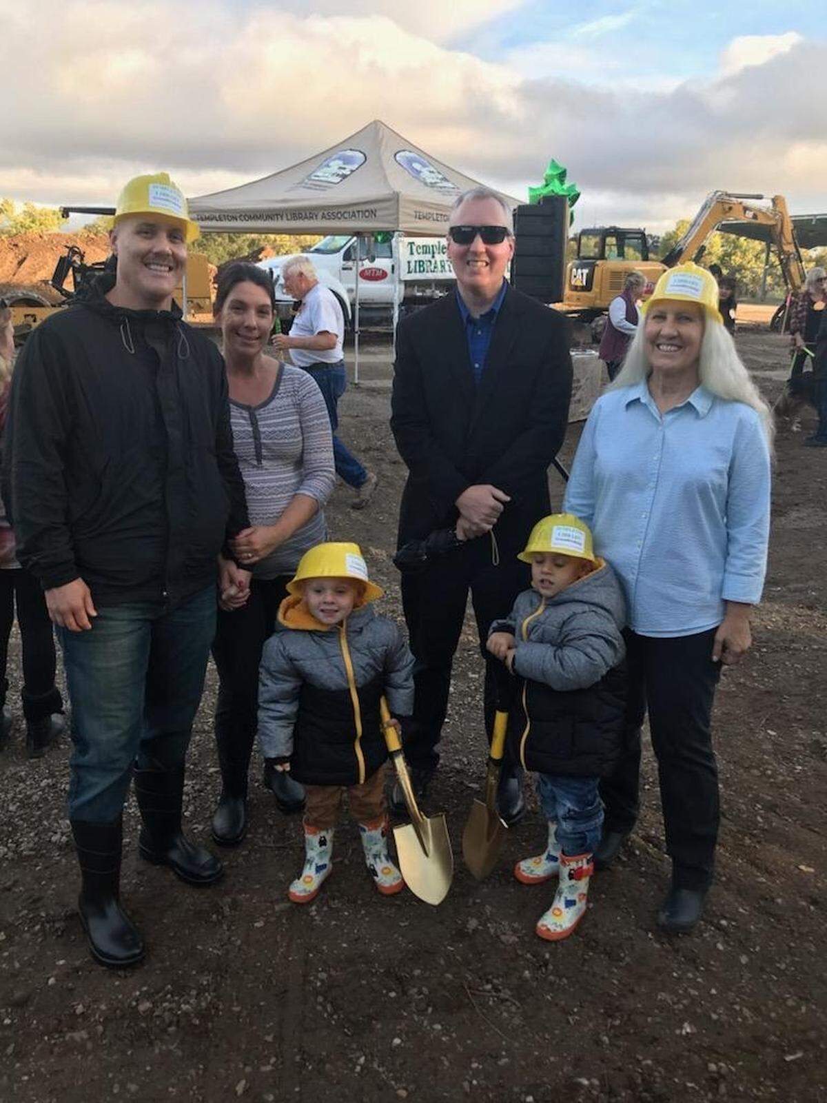 From left: Josh Gibson, his wife Leah, sons, Colton and Grant, older brother James Gibson and mom, Elyse Gibson, at the groundbreaking ceremony for the Templeton Library on Nov. 9, 2021.
