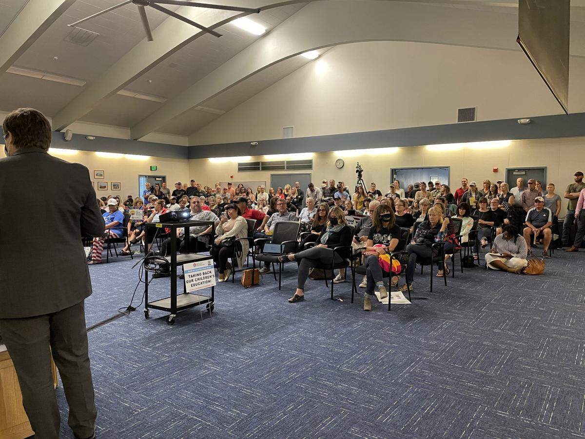Attorney Joshua Whiteside gives a presentation at the Lucia Mar Unified School District board meeting on Tuesday, Aug. 3, 2021, defining the legalities behind why the district was required to implement an indoor mask mandate.