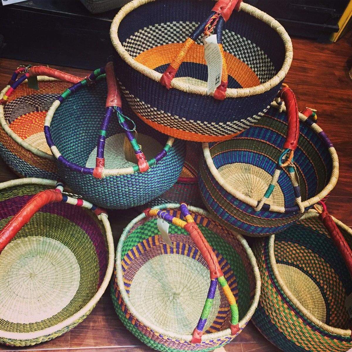 Handwoven market baskets from Ghana that are sold at HumanKind Fair Trade. This photo was shot in 2015.