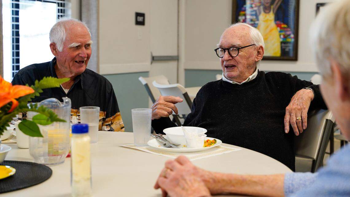 San Luis Obispo residents Lloyd Kattenhorn and Roy McGee enjoy a meal provided by Meals that Connect at United Church of Christ Tuesday, Sept. 24, 2024. Meals that Connect provides seniors with access to a free lunch every day at several San Luis Obispo County locations.