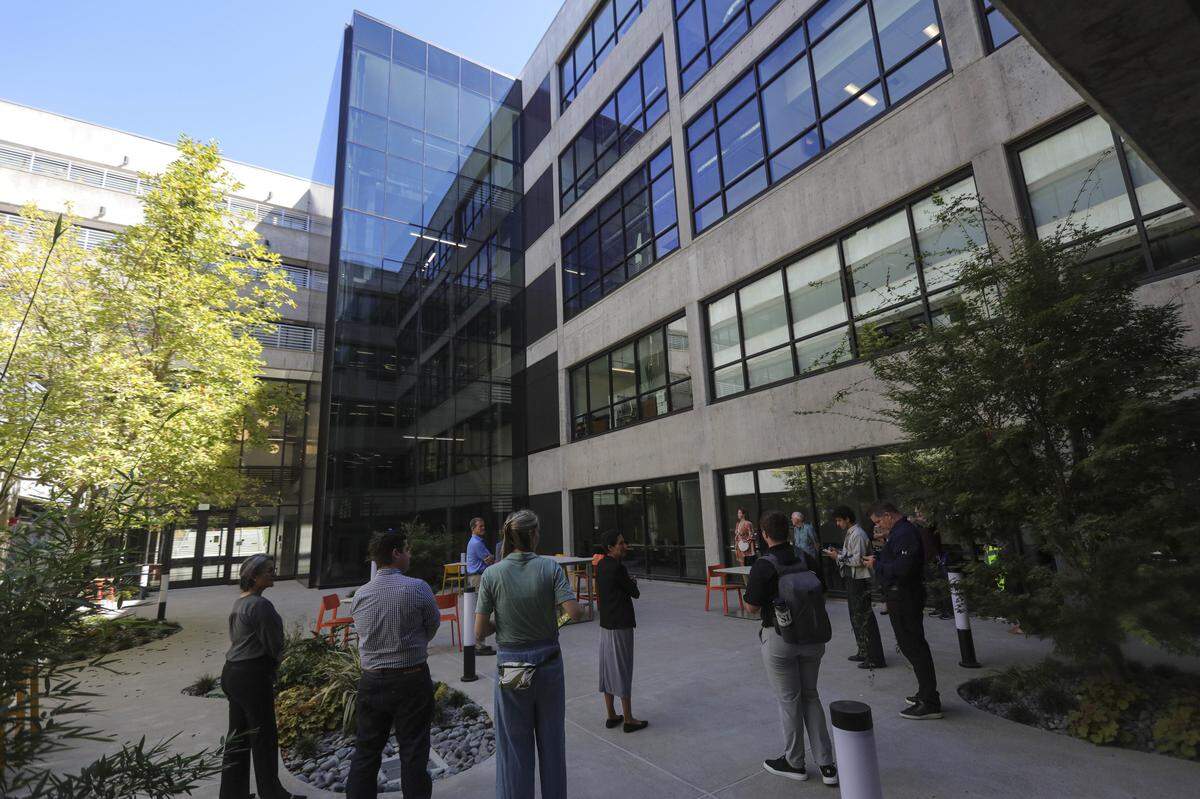 A new stairway, inside glass, offers better evacuation safety and freed up new spaces to use for students in the former stairway space. The courtyard is now level allowing better access. Cal Poly had a tour of the nearly $80 million renovation of the Robert E. Kennedy Library on Sept. 9, 2025.