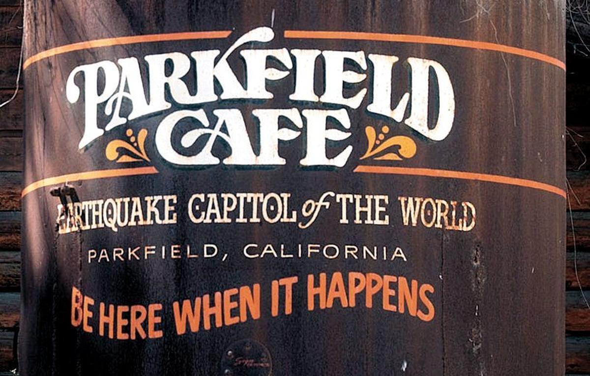 An old water tank is shown outside the Parkfield Cafe in 2004 in Parkfield.