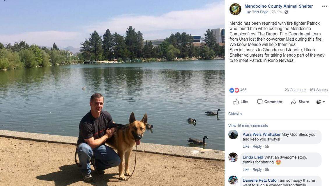 A firefighter from Draper, Utah, adopted a German shepherd he helped rescue while battling the Mendocino Complex fires in Northern California.