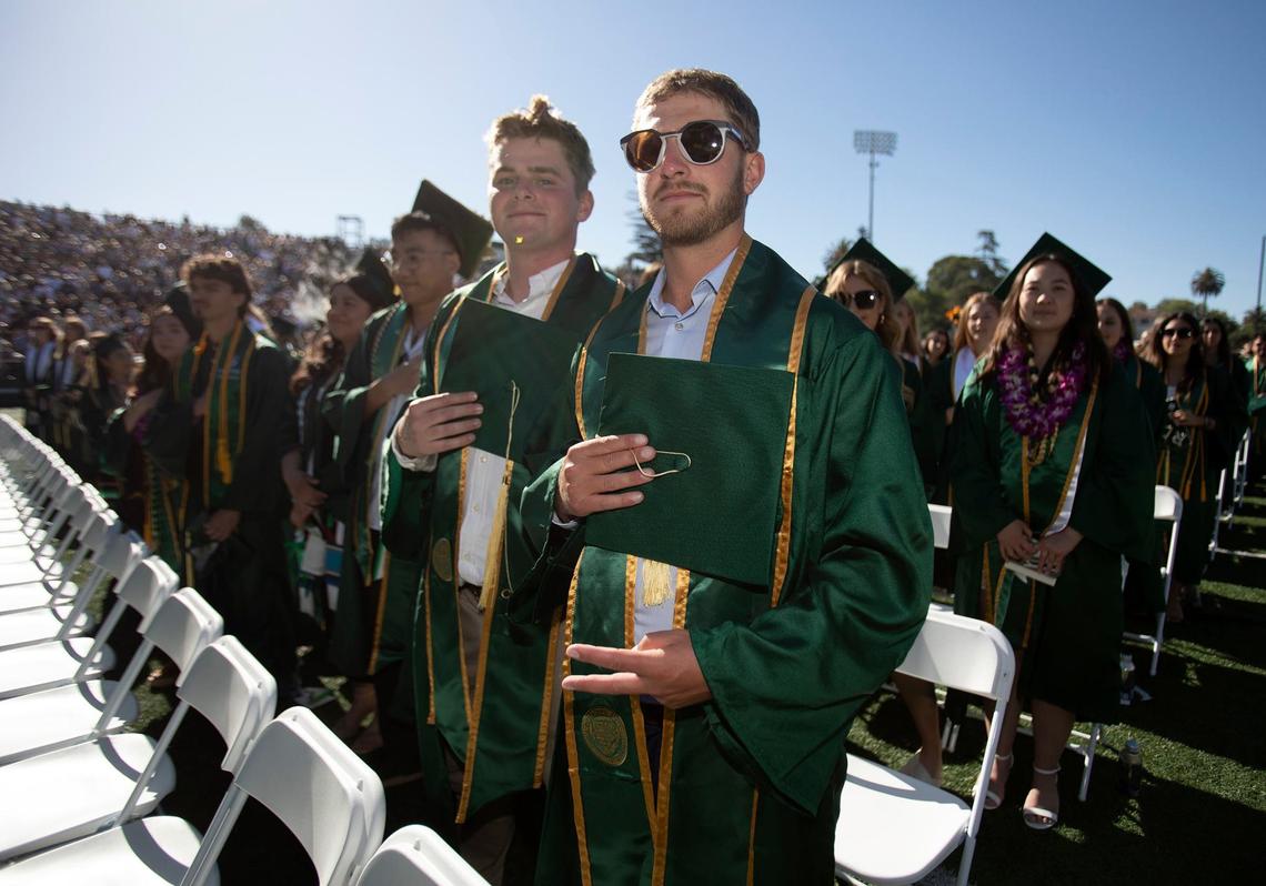 Cal Poly kicked off graduation weekend with three ceremonies on June 15, 2024. The university expects to celebrate more than 6,300 graduates throughout the weekend. Graduating student held their chests to the pledge of allegience.