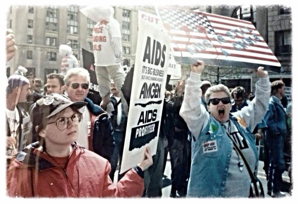 ACT UP Los Angeles activist Lori Avila (left) and Nancy MacNeil (right) protest at the 1993 LGBT March on Washington