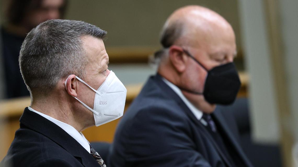 Paul Flores, left, and his attorney Robert Sanger listen in court on April 20, 2022. Judge Craig van Rooyen announced that the Kristin Smart murder trial will be moved to Monterey County.