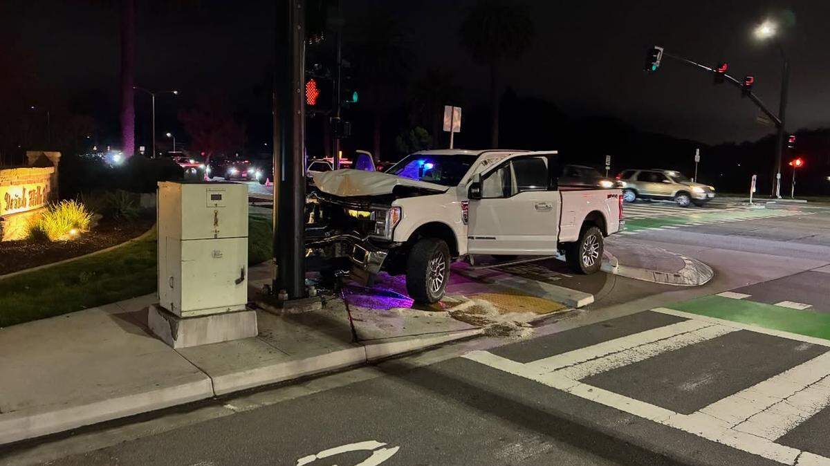 Truck crash leads to DUI arrest on Saturday, Dec. 20 at the entrance of Irish Hills Plaza in San Luis Obispo, CA.