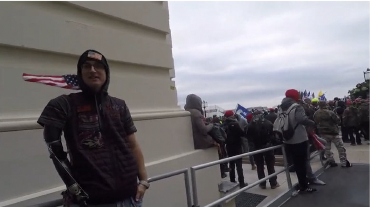 A video screenshot of Cameron Clapp outside the Capitol building on restricted grounds on Jan. 6, 2021, where he said he got into the building and was “satisfied.” Screenshot taken from federal court records filed Jan. 31, 2024.