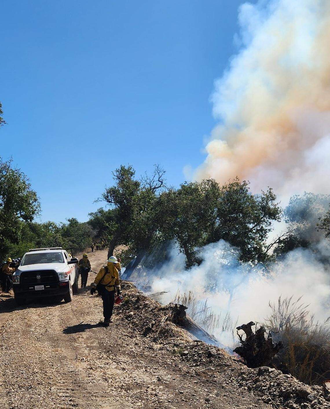 Cal Fire conducts a controlled burn to remove 100 acres of hazardous vegetation along Thousand Hills Road, east of Pismo Beach, from Oct. 2 through Oct. 3, 2023.