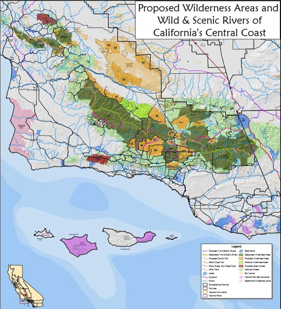 A map released by U.S. Rep. Salud Carbajal’s office shows areas of prospective wilderness and scenic area designation as proposed by H.R. 2199.