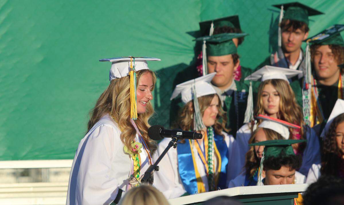 Templeton High School’s senior class president Andi Shorrock addresses her classmates at their graduation ceremony on June 4, 2026.