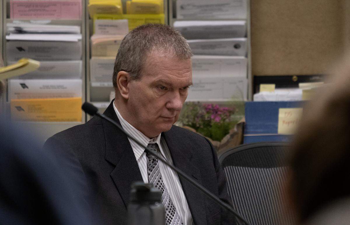 Stephen Deflaun listens in court during his murder trial at San Luis Obispo Superior Court on March 29, 2023. Deflaun is accused of killing two people at Morro Strand State Beach in a shooting on July 8, 2001.