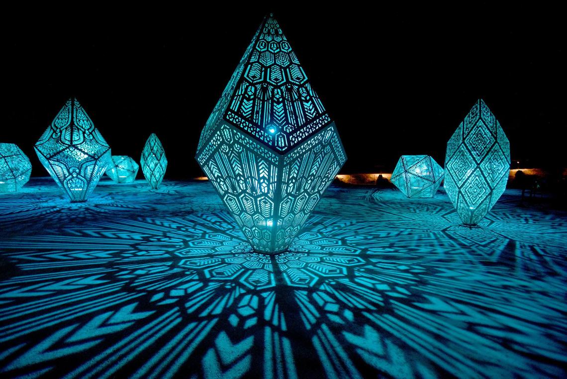 The DIMENSIONS exhibit at Sensorio in Paso Robles features a collection of illuminated geometric sculptures, seen here on May 23, 2024. It was created by the artist duo HYBYCOZO.