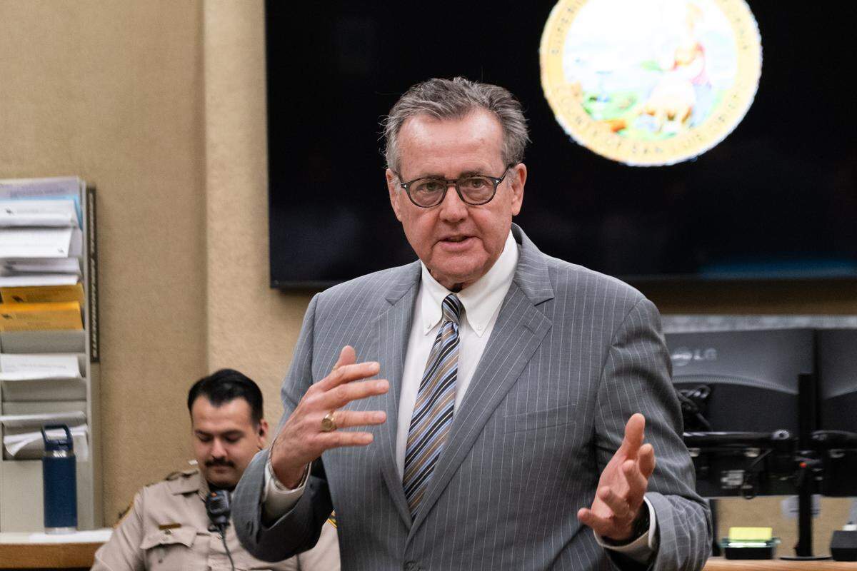 Defense attorney Paul Phillips gives opening statements to the jury hearing the case against his client, Heather Hunt in San Luis Obispo Superior Court on June 17, 2025. Hunt and her co-defendants, Joshua Murphy and Tremaine Jones are accused of conspiring together and sex trafficking a 15-year-old girl. 
