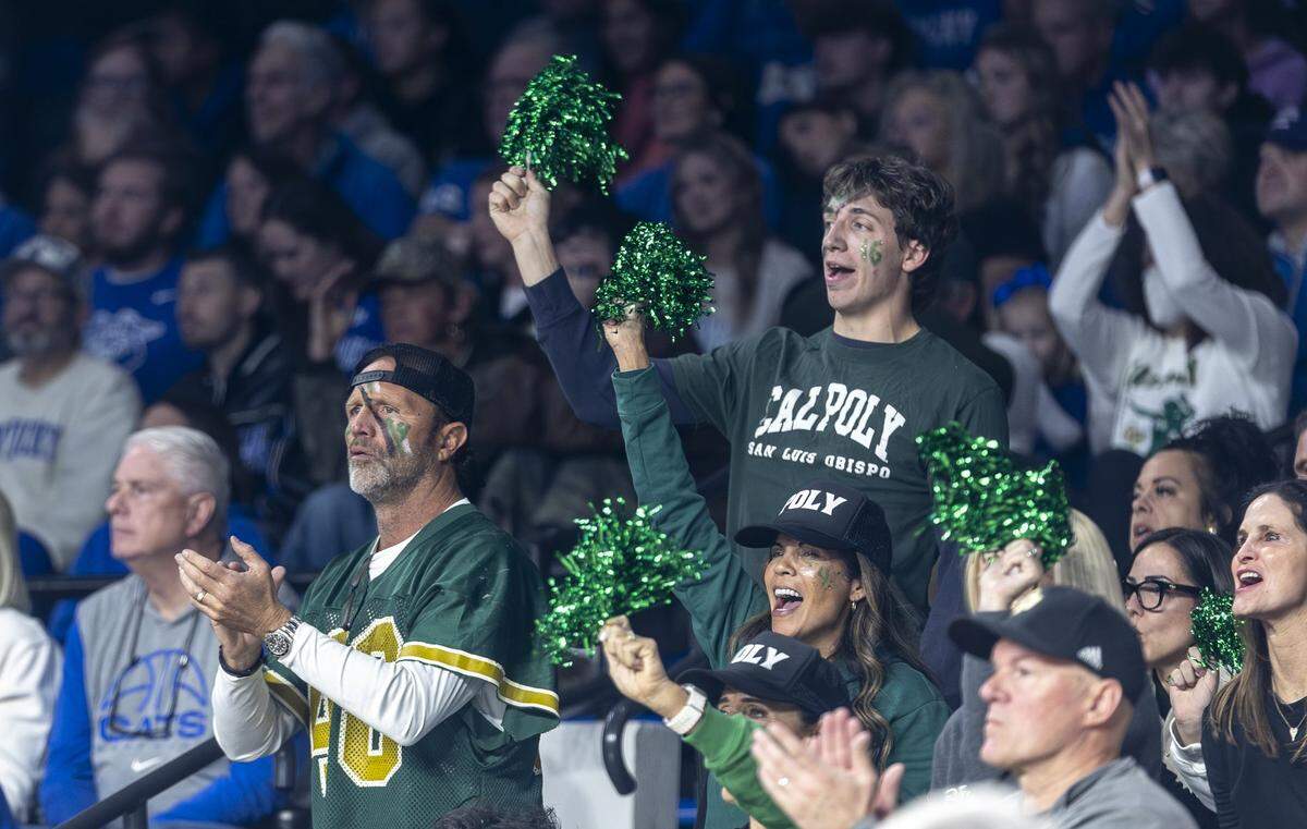 Cal Poly fans cheer during the 2025 NCAA Volleyball Tournament Sweet 16 Lexington Regional at Historic Memorial Coliseum in Lexington, Ky., on Thursday, Dec. 11, 2025. Cal Poly’s season ended in a 3-0 sweep.