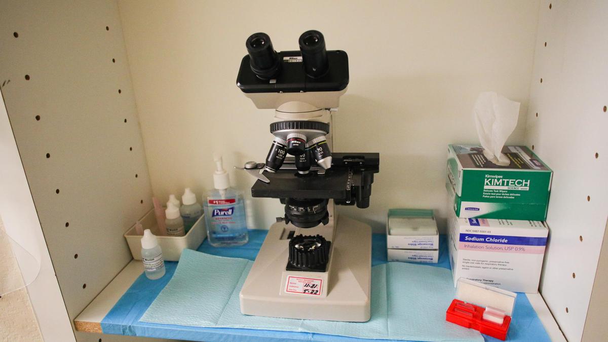 Microscope at reproductive health clinic in Paso Robles. Three team members recently completed certification to become family planning health workers, which means they can provide more comprehensive counseling on contraception and sexual health. Dec. 6, 2021.