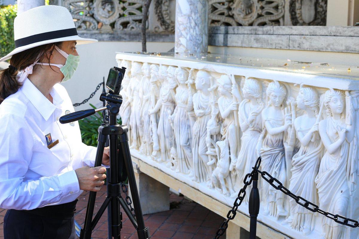 Hearst Castle tour guides are conducting virtual tours of the castle for school groups and other organizations. Tracy Kosinski talks about the mythology of the figures on a marble sarcophagus with a third grade class.