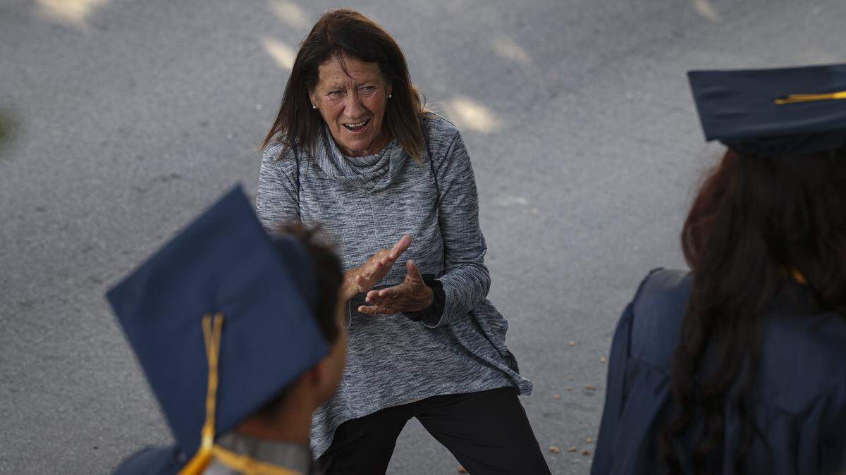 Leslie Monaco, who was teacher for these students in 2nd grade came out to congratulate the graduating seniors. Mission Prep graduated 66 students in a ceremony at Old Mission San Luis Obispo on May 29, 2026.