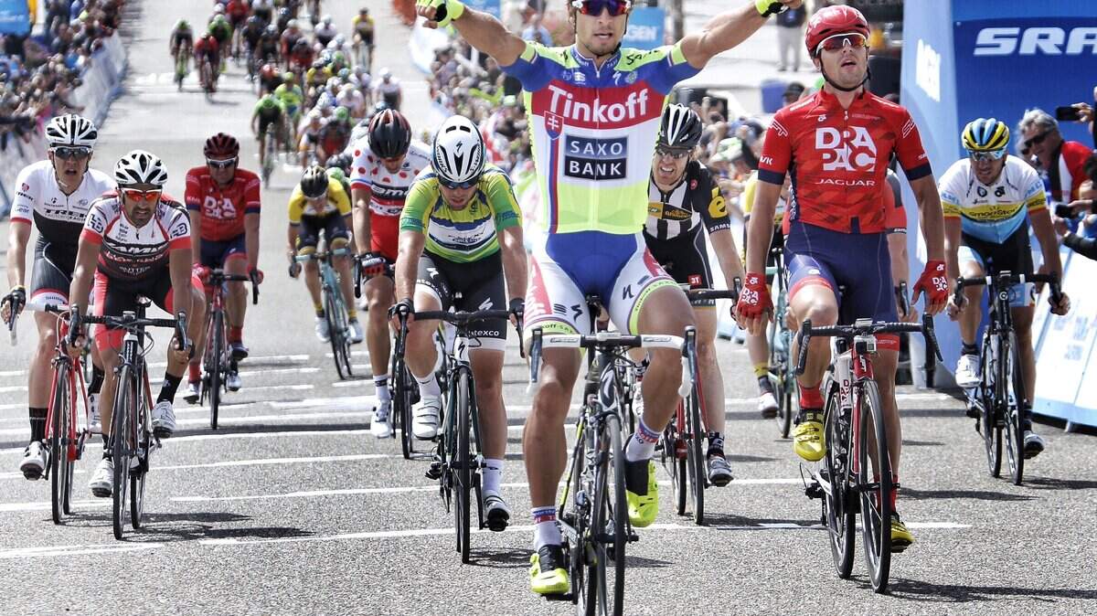 Peter Sagan, center, celebrates after winning Wednesday’s Stage 4 of the Tour of California that began in Pismo Beach and ended in Avila Beach. Sagan’s win pulled him within 22 seconds of the overall lead.