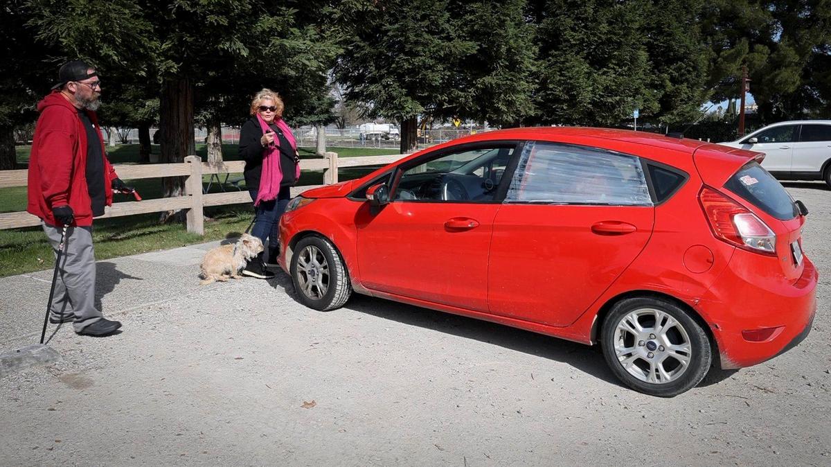 Jason and Hazel Bliss are looking for housing with their dog Olaf, seen here on March 20, 2025. Jason is currently looking for work while they live in their car.