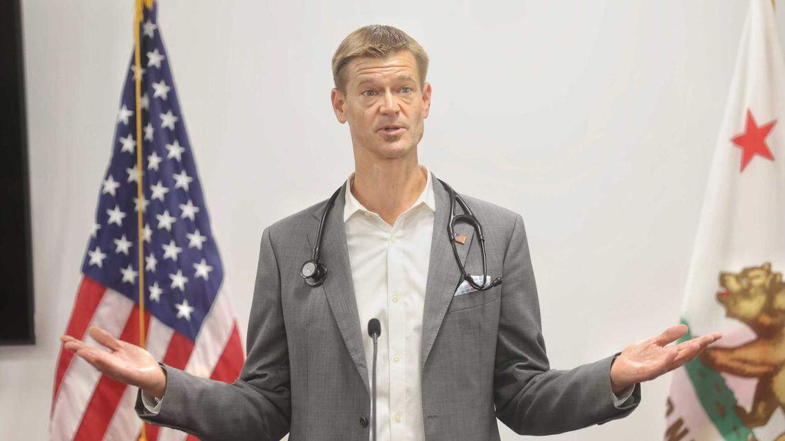 Dr. Trace Ritter, Chief Medical Officer of Arroyo Grande Community Hospital, speaks during a SLO County Public Health Department media briefing.